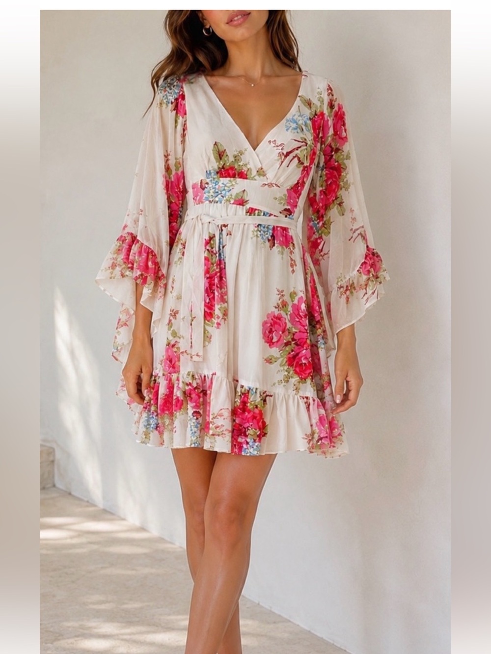 Betsey Johnson Cream Floral Midi Dress with Pink Blooms